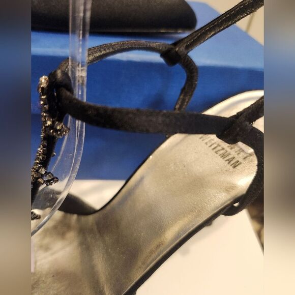 (image for) Stuart Weitzman Black Satin Crystal Rhinestone Jeweled T-strap Pumps Sz.8 $425